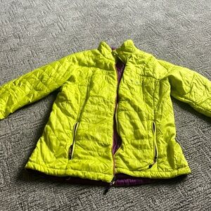 Lime green reversible, spring jacket with purple on the inside